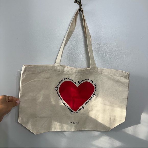 Sezane Limited Edition Mon Amour Red Heart Cotton Canvas Cream Ecru Tote Bag - Picture 2 of 3